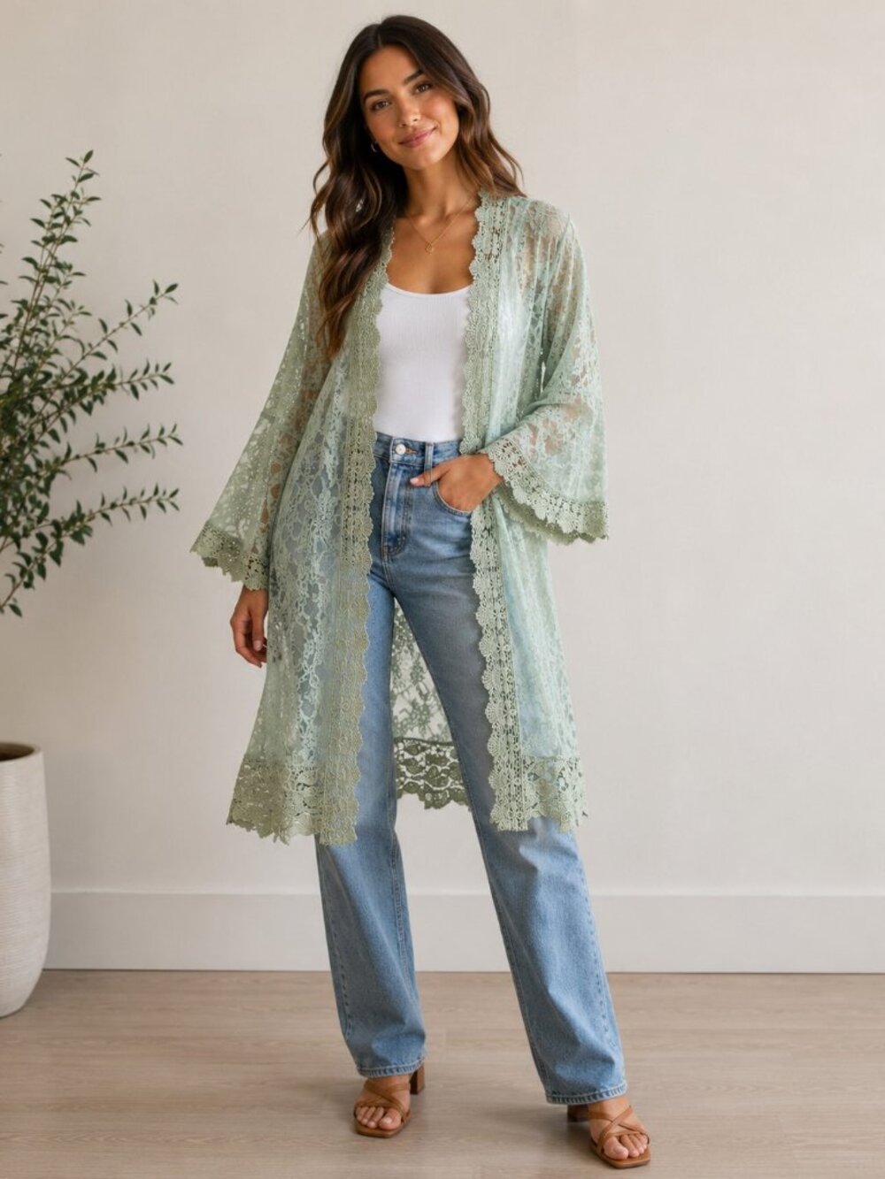 Streetwear Society Sz L Mint Green Sheer Mesh Lace Kimono Maxi Duster Cover Up